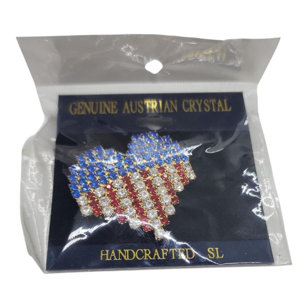 Vtg Austrian Crystal Rhinestone Heart Flag Brooch Pin Red White Blue Patriotic